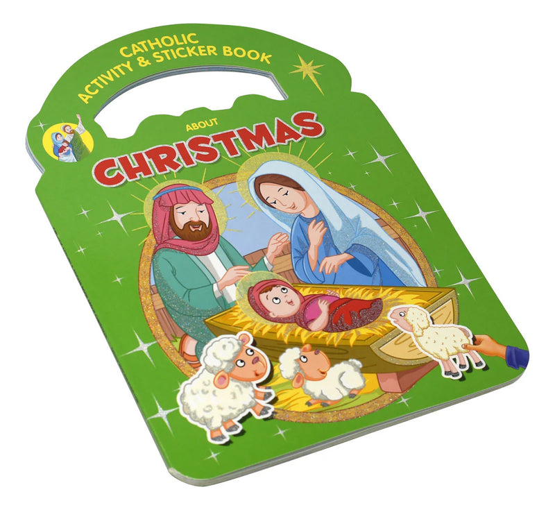 Catholic Activity & Sticker Book about Christmas with nativity scene illustration on green cover