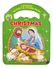 Catholic Activity & Sticker Book about Christmas with nativity scene illustration on green background