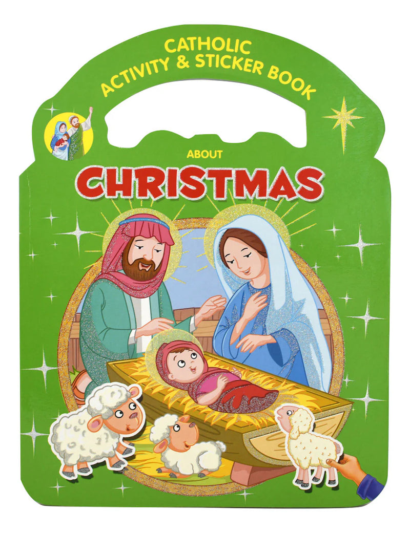 Catholic Activity & Sticker Book about Christmas with nativity scene illustration on green background