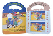 Children's book with Nativity scene illustrations and text about travel to Bethlehem.