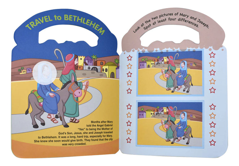 Children's book with Nativity scene illustrations and text about travel to Bethlehem.