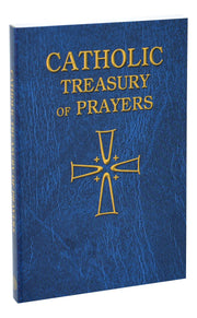 Blue book titled 'Catholic Treasury of Prayers' with a gold cross on a white background