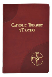Red book titled 'Catholic Treasury of Prayers' with a gold cross emblem on a white background