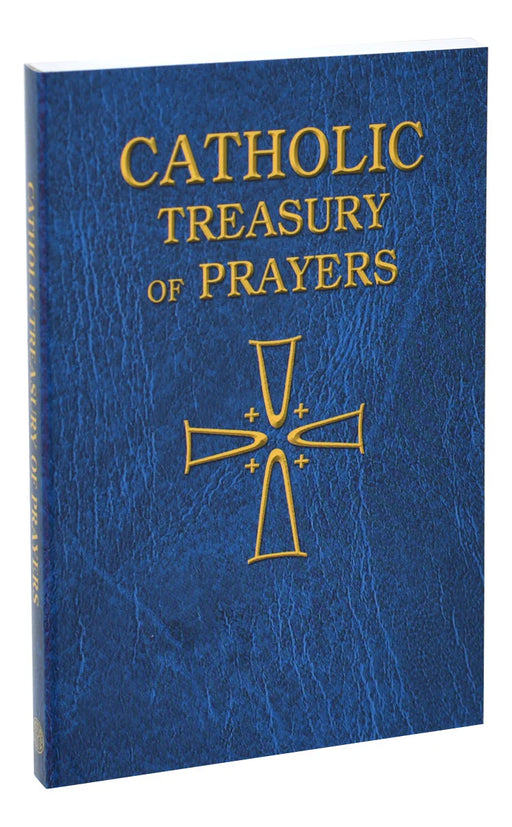 Blue book titled 'Catholic Treasury of Prayers' with a gold cross on a white background
