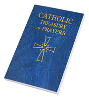Blue book titled 'Catholic Treasury of Prayers' with a gold cross on a white background