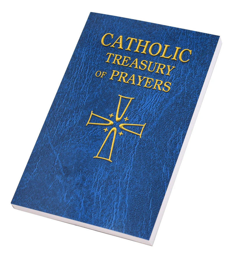 Blue book titled 'Catholic Treasury of Prayers' with a gold cross on a white background