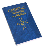 Blue book titled 'Catholic Treasury of Prayers' with a gold cross on a white background