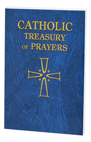 Blue book titled 'Catholic Treasury of Prayers' with a gold cross on a white background