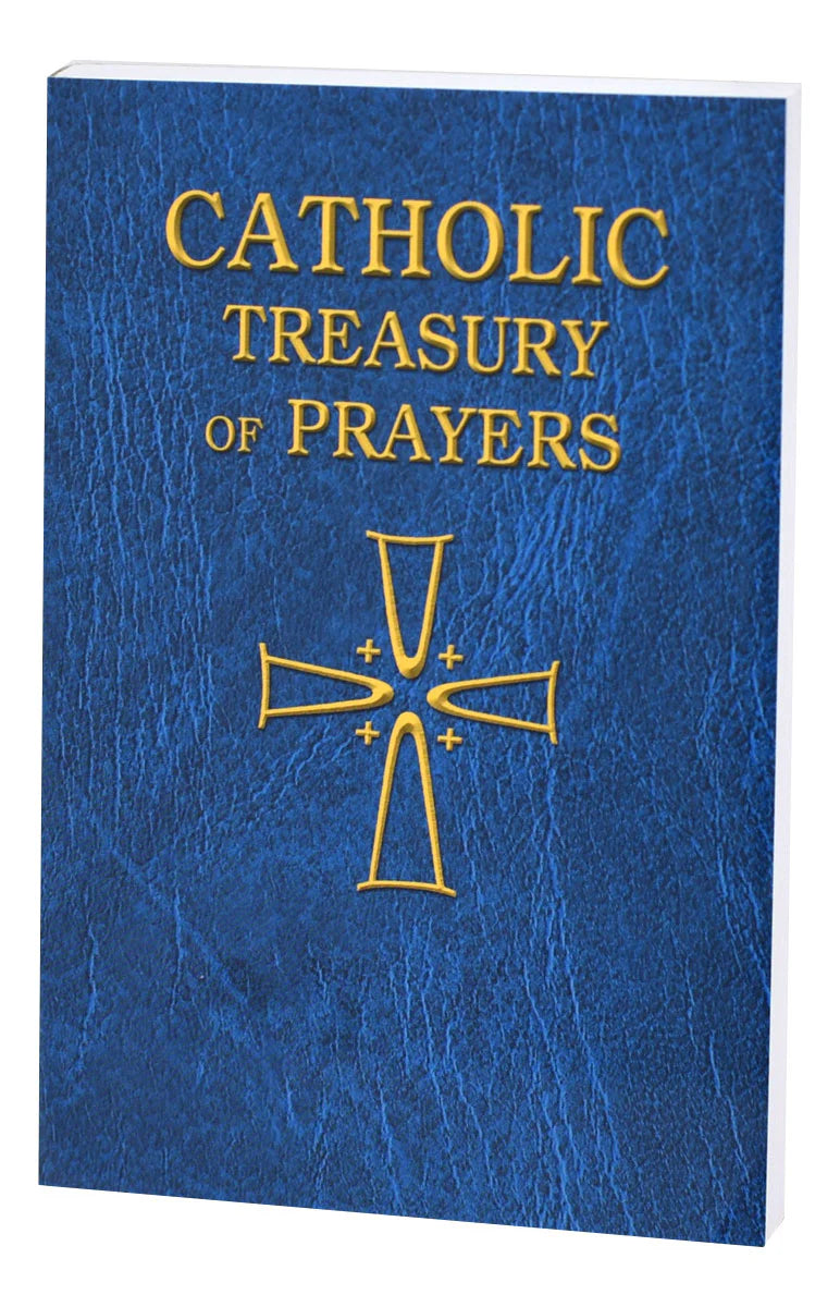 Blue book titled 'Catholic Treasury of Prayers' with a gold cross on a white background
