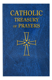 Blue book titled 'Catholic Treasury of Prayers' with a gold cross on a white background