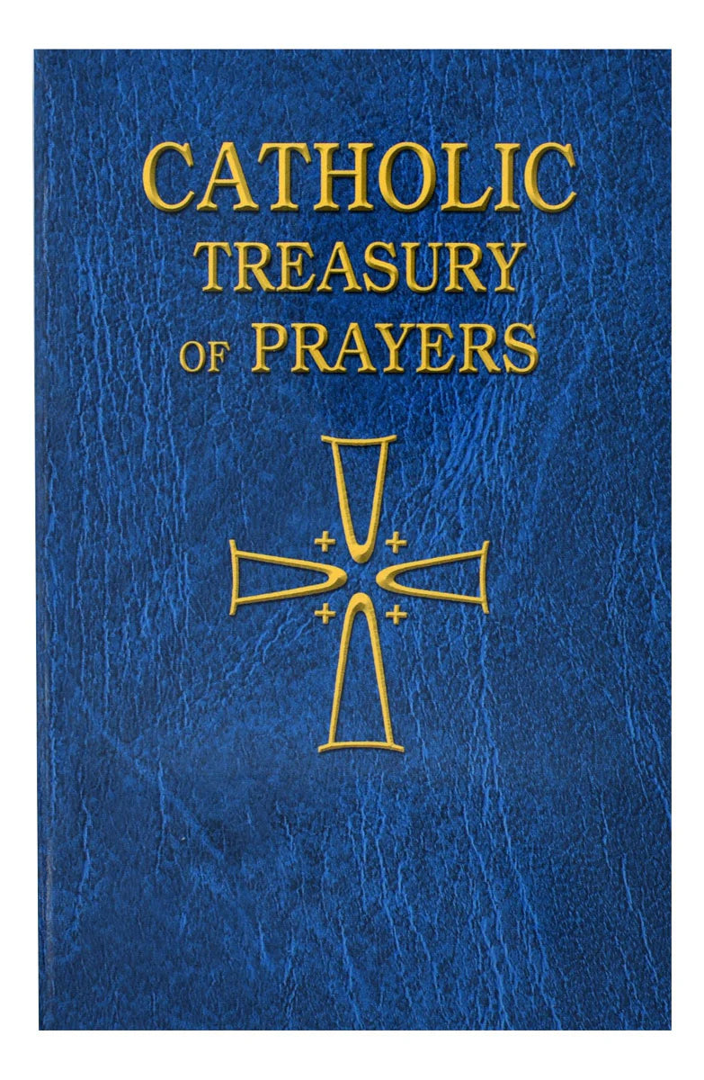 Blue book titled 'Catholic Treasury of Prayers' with a gold cross on a white background
