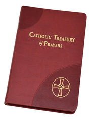 Red prayer book titled 'Catholic Treasury of Prayers' with a gold cross symbol on a white background