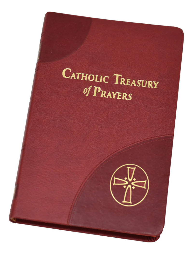 Red prayer book titled 'Catholic Treasury of Prayers' with a gold cross symbol on a white background