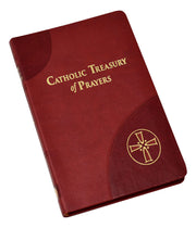 Red book titled 'Catholic Treasury of Prayers' with gold text and design on a white background