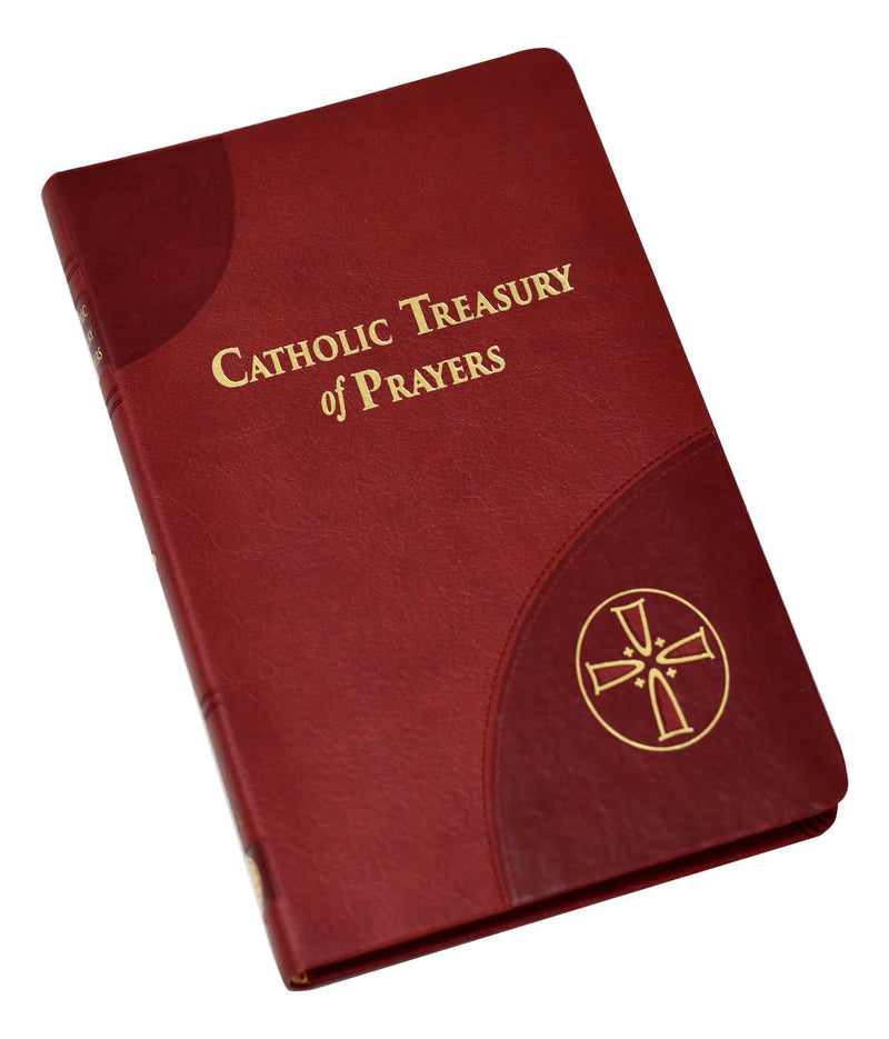 Red book titled 'Catholic Treasury of Prayers' with gold text and design on a white background
