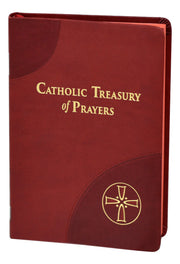Red book titled 'Catholic Treasury of Prayers' with a gold cross symbol on a white background
