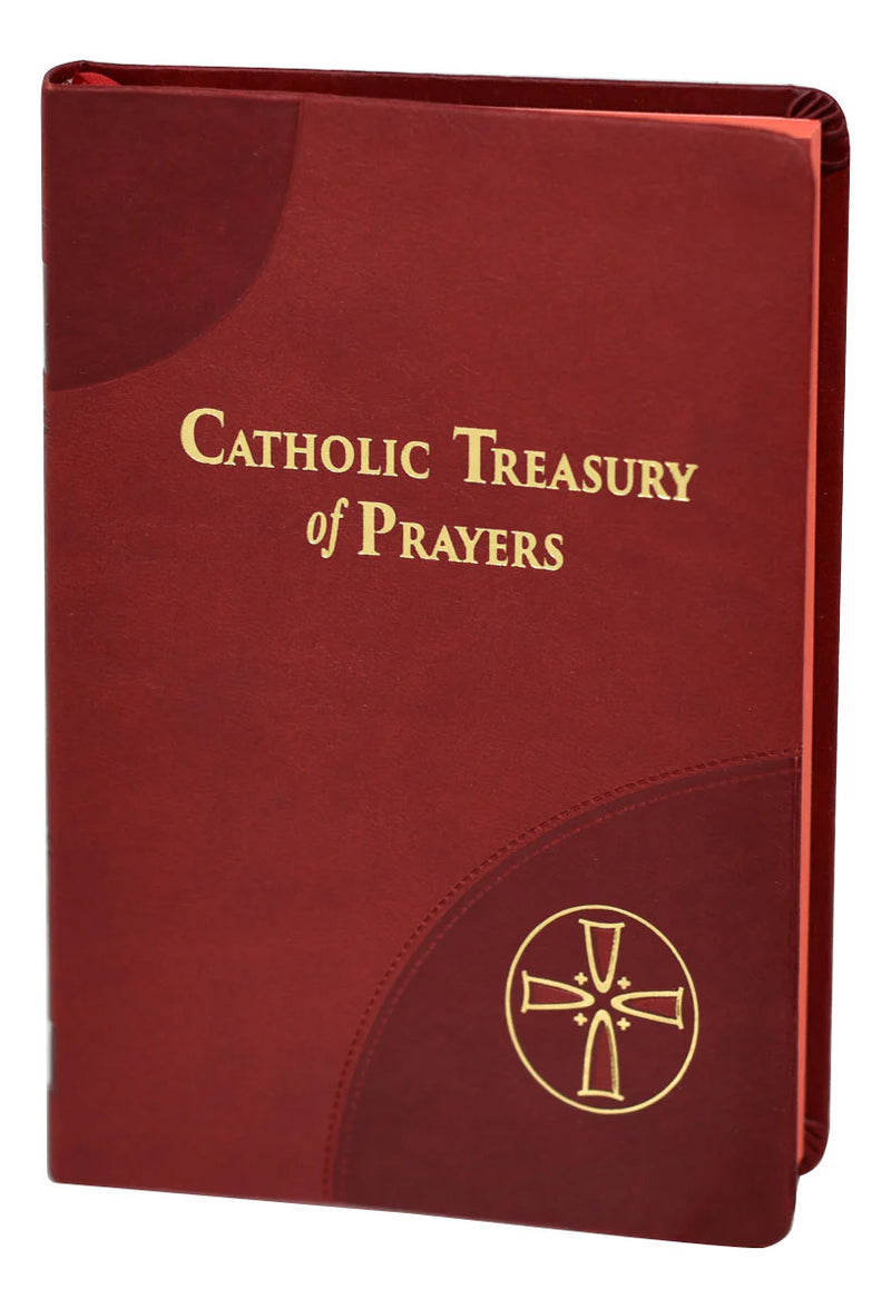 Red book titled 'Catholic Treasury of Prayers' with a gold cross symbol on a white background