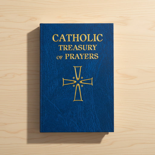 Blue book titled 'Catholic Treasury of Prayers' with a gold cross on a wooden surface