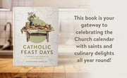 Book titled 'Catholic Feast Days' on a wooden surface with a blurred background