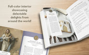 Open book on a wooden surface with text about delectable delights from around the world.