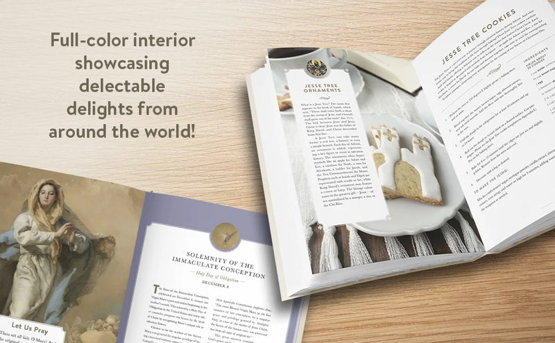 Open book on a wooden surface with text about delectable delights from around the world.