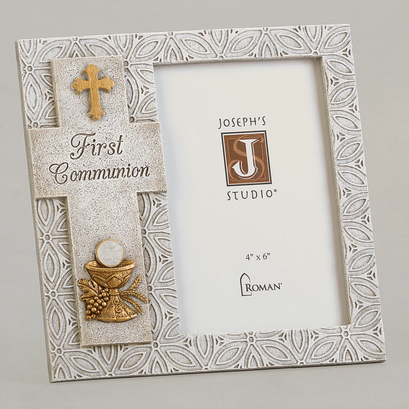 Decorative First Communion picture frame for a 4x6 inch photo with cross and chalice symbols and 'Joseph's Studio' branding on a gray background