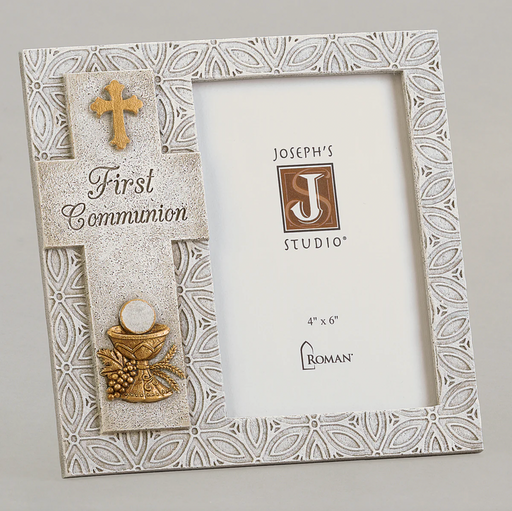 Decorative First Communion picture frame for a 4x6 inch photo with cross and chalice symbols and 'Joseph's Studio' branding on a gray background