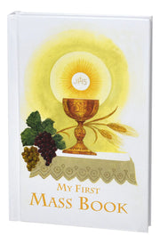 Cover of 'My First Mass Book' with religious symbols and design.
