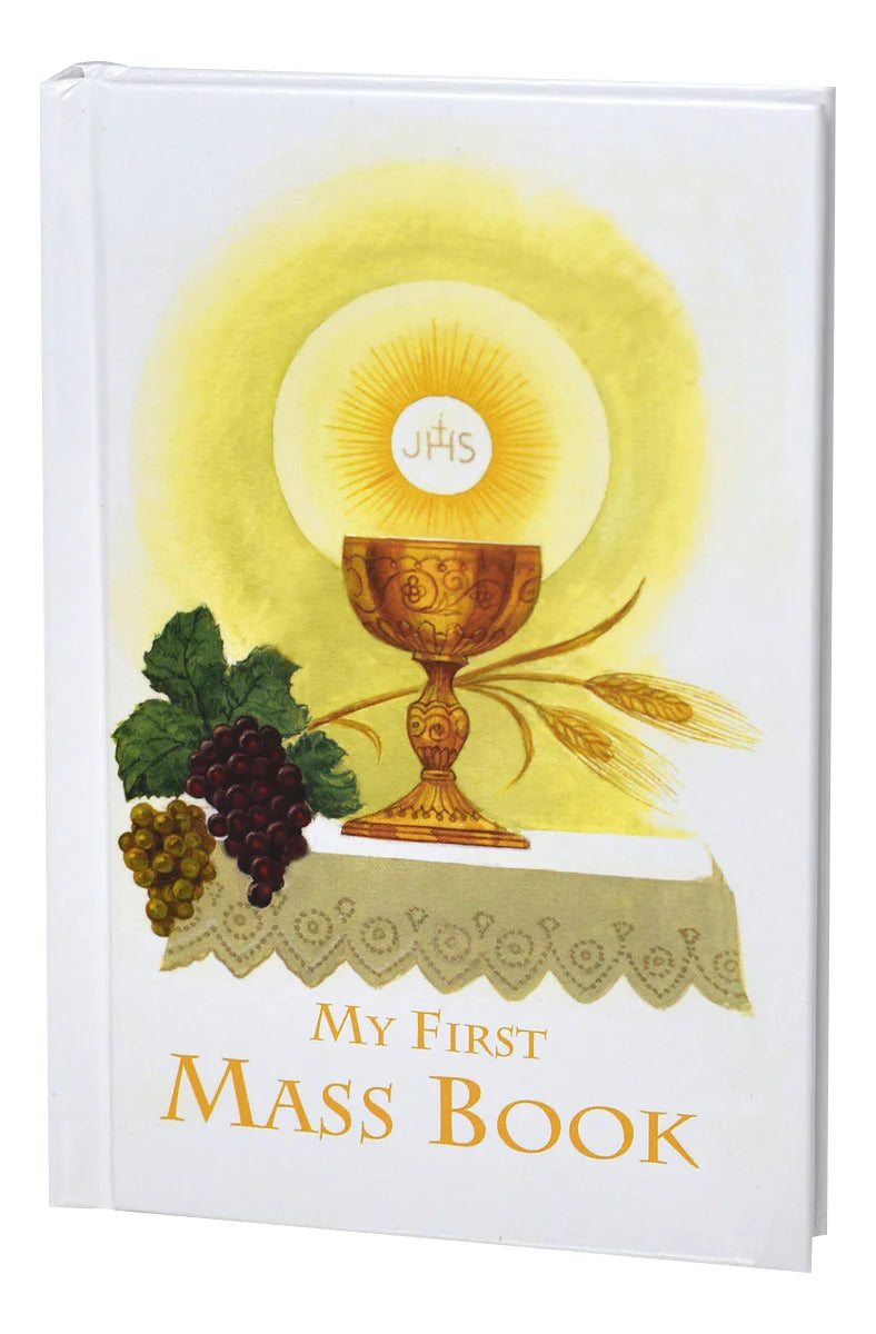 Cover of 'My First Mass Book' with religious symbols and design.