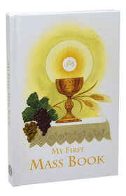 Cover of 'My First Mass Book' with a chalice, grapes, and wheat illustration on a white background.
