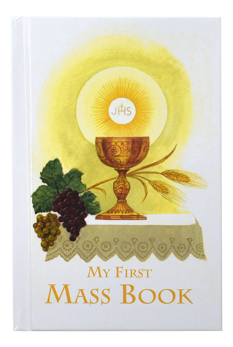 Cover of 'My First Mass Book' with a chalice, grapes, and wheat on a white background