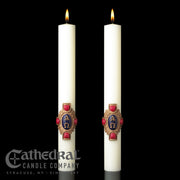 Christ Victorious matching complementing altar candle, sold as a pair by Cathedral