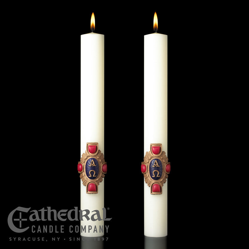 Christ Victorious matching complementing altar candle, sold as a pair by Cathedral