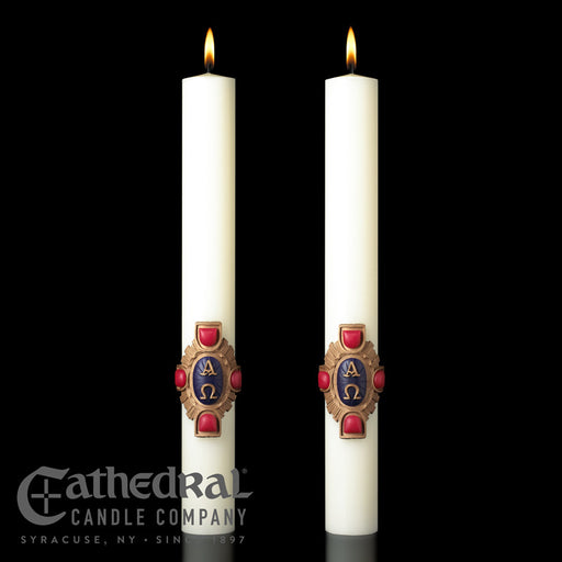 Christ Victorious matching complementing altar candle, sold as a pair by Cathedral
