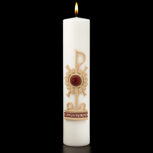 White candle with red and beige symbols on a black background