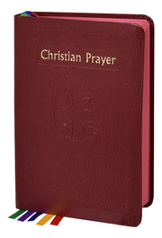 Maroon prayer book with 'Christian Prayer' text on a white background