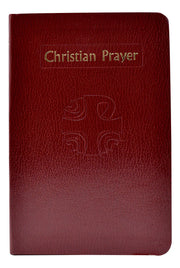 Red prayer book with 'Christian Prayer' text and cross design on a white background