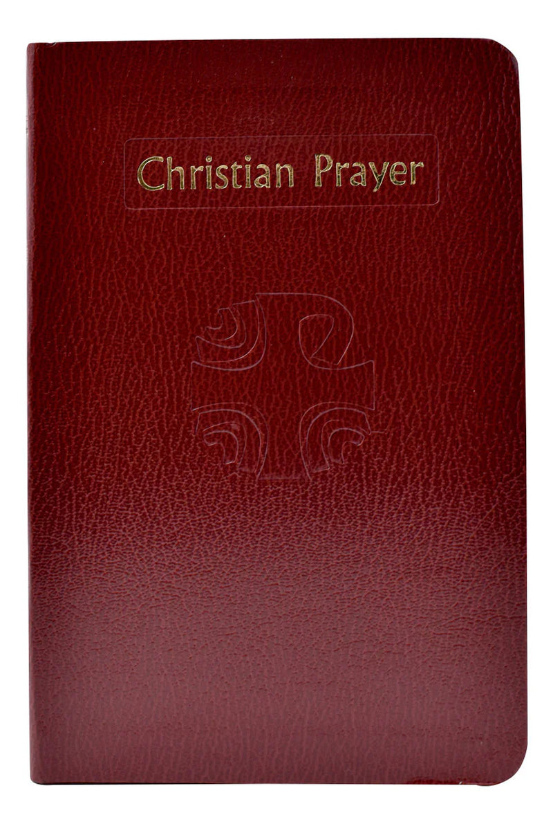 Red prayer book with 'Christian Prayer' text and cross design on a white background