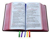 Open book with colorful bookmarks on a white background