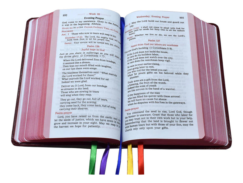 Open book with colorful bookmarks on a white background