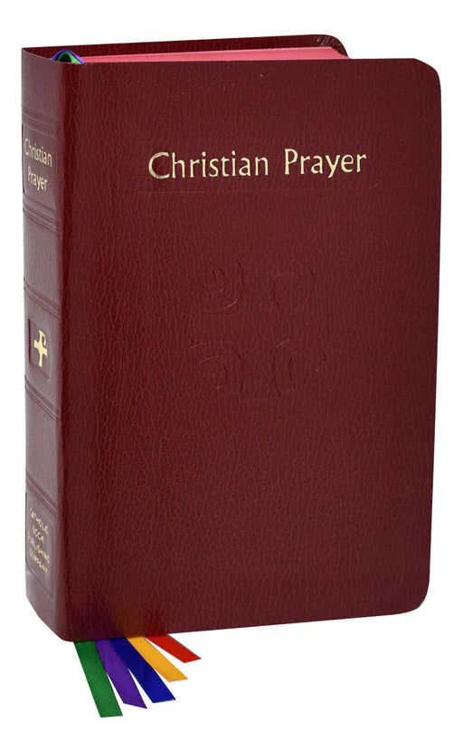 Maroon prayer book titled 'Christian Prayer' with colorful ribbons on a white background