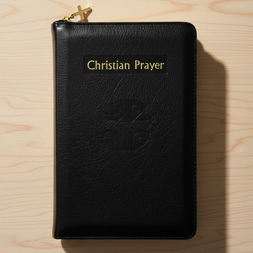 Black leather prayer book with 'Christian Prayer' on a wooden surface