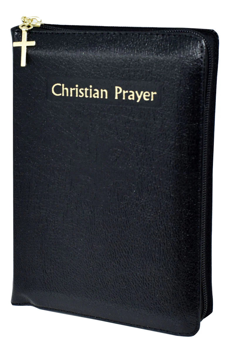 Black prayer book with 'Christian Prayer' text and a cross on a white background