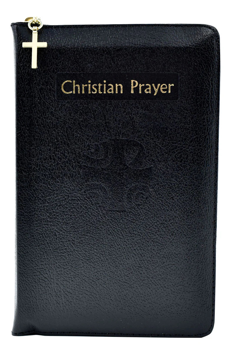 Black prayer book with 'Christian Prayer' text and cross emblem on a white background
