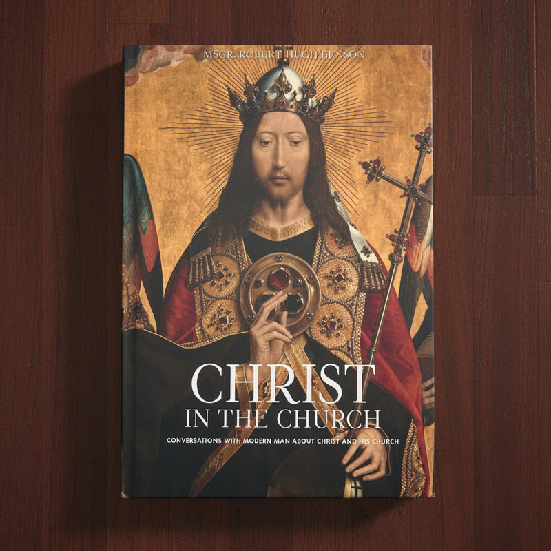 Book cover of 'Christ in the Church' with a religious illustration on a wooden background