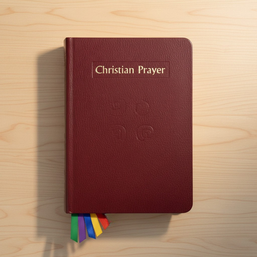 Red prayer book with rainbow bookmarks on a wooden surface