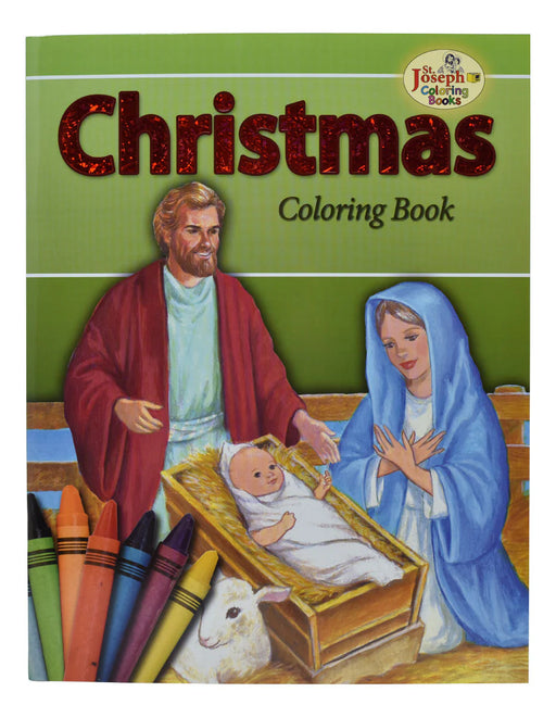 Green Christmas coloring book with an image of the nativity