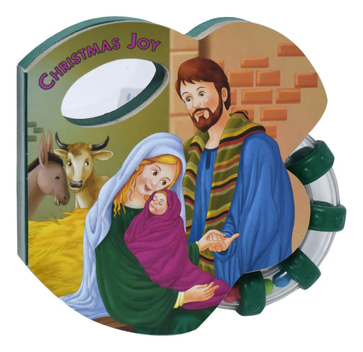 Children's book with illustrations of a Nativity scene, including Mary, Joseph, and baby Jesus.