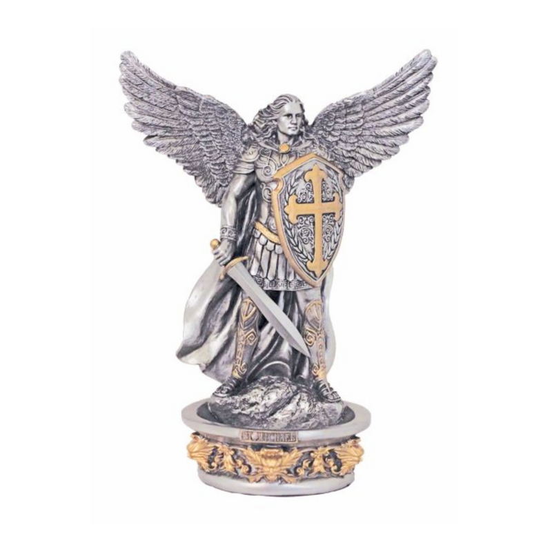 St. Michael Holy Water Font | Pewter & Gold | 8.5" | Veronese Collection
