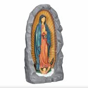 Statue of Our Lady of Guadalupe in a rocky arch on a white background